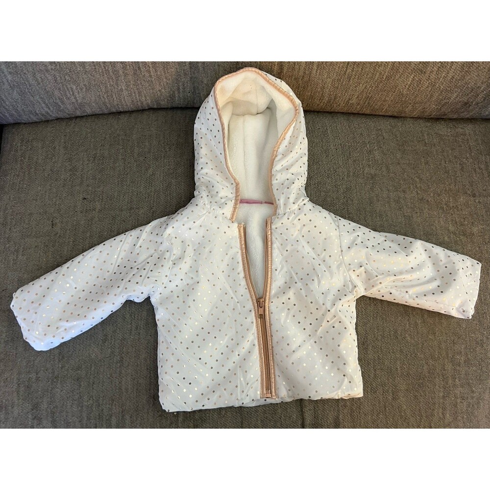 Penelope Mack Baby Girl Hooded Jacket Coat 12M White Rose Gold Polka Dot Fleece